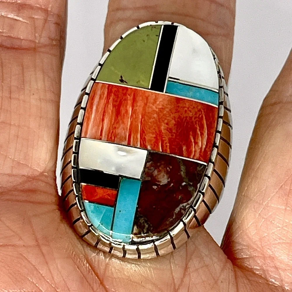 BIG Turquoise Multi Stone Inlay Mens Ring Sz 13 Navajo Sterling Signed Jack 34mm